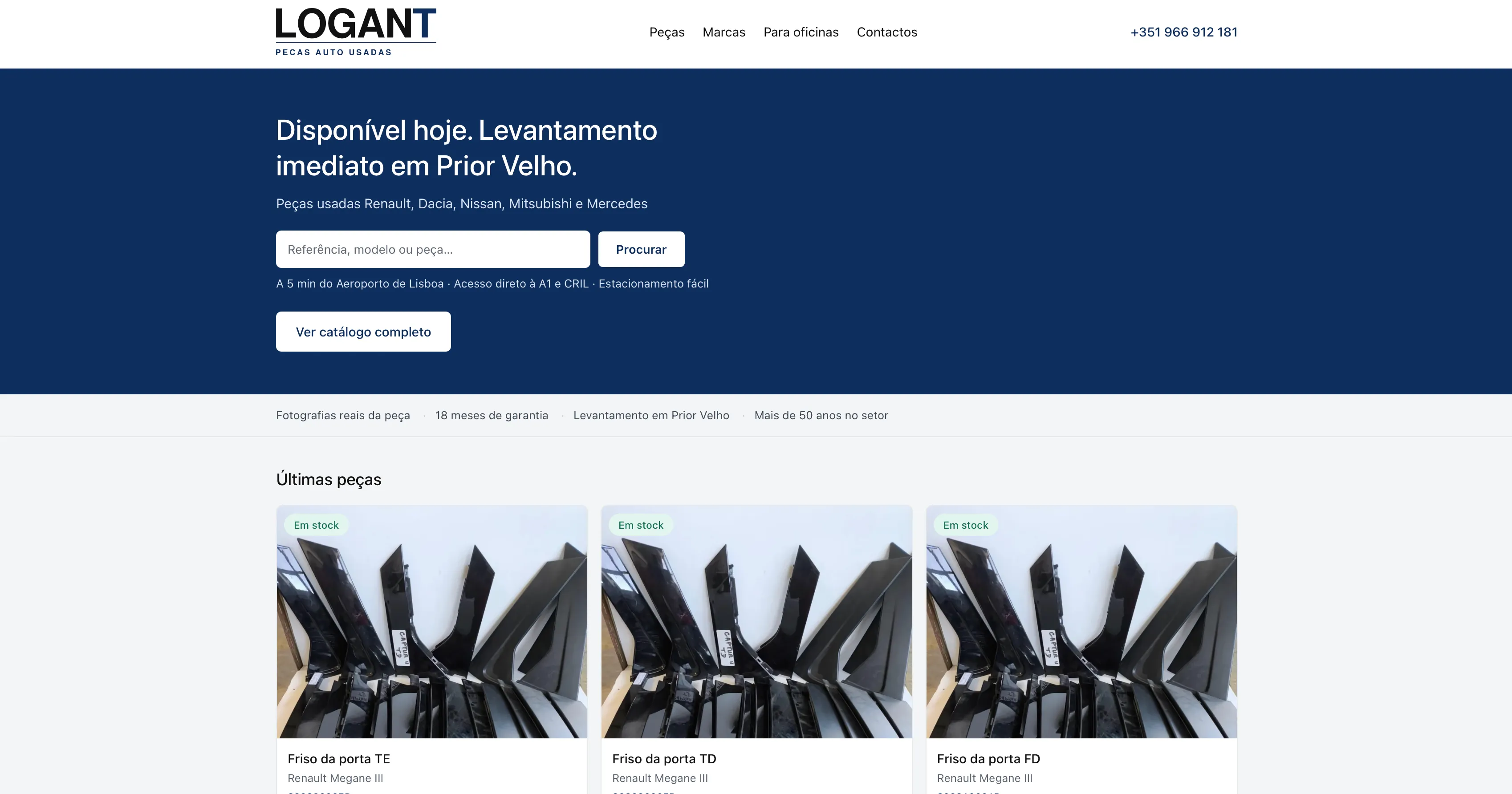 Logant homepage — used car parts catalogue for a Lisbon business